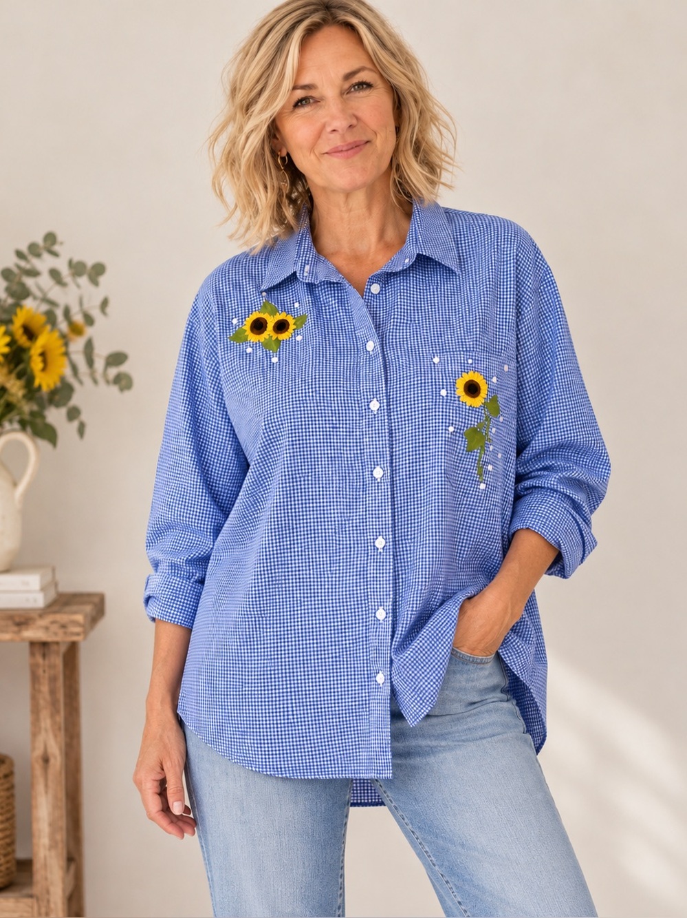 Oversized Gingham Sunflower Embroidered Button-Up Shirt